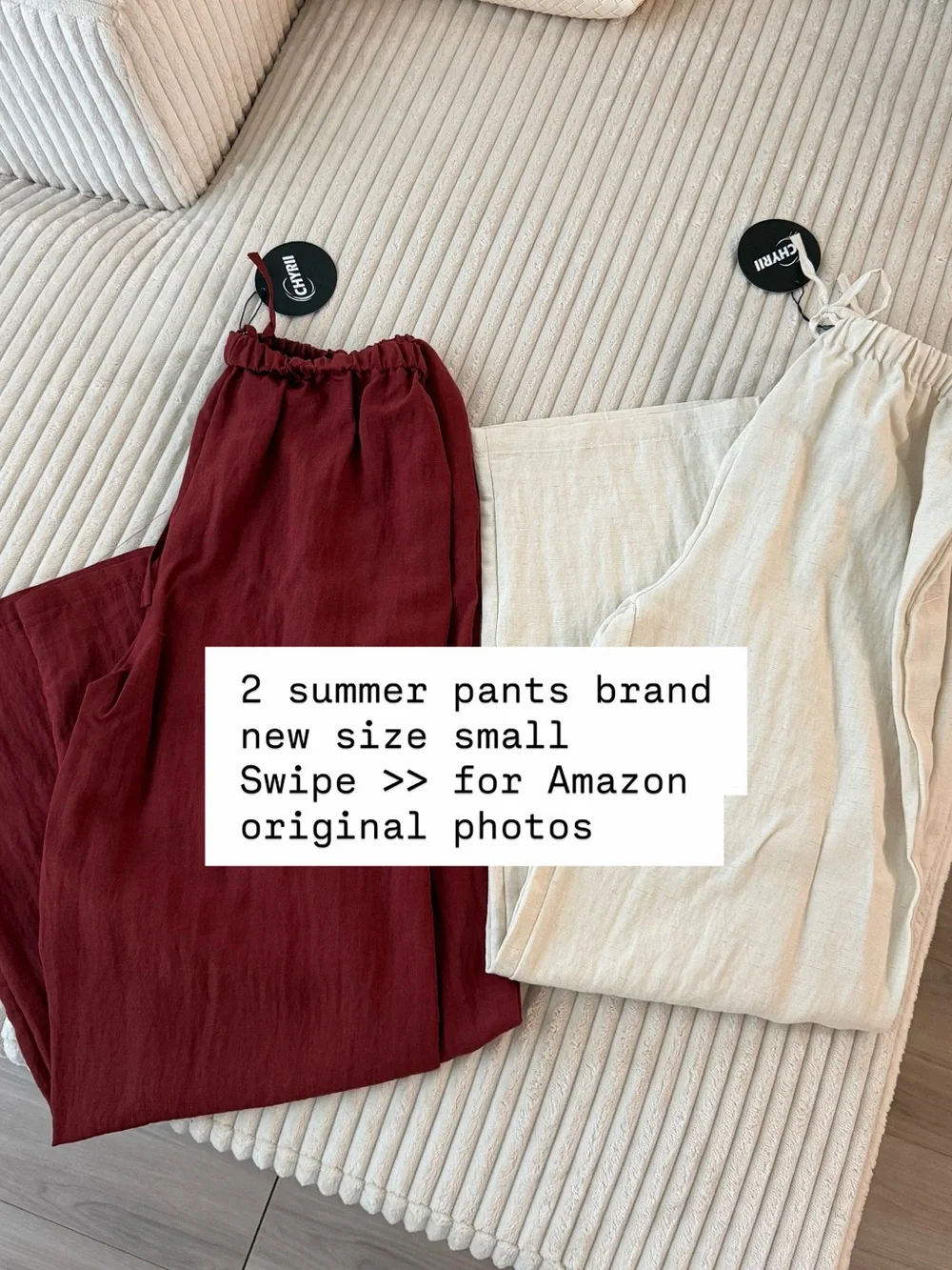 Small size summer pants / linen like / Two Wide Leg Summer Pants— Brown & Cream - Picture 1 of 3
